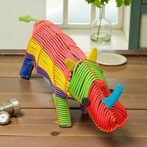 Handmade colorful African wire rhino sculpture